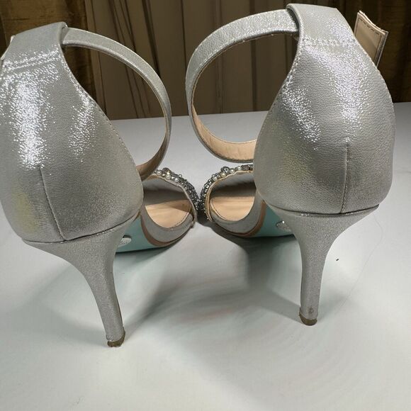 Blue by Betsey Johnson Juno Womens Sz 6 M Rhinestone Beaded Silver Heels Sandals - Picture 5 of 11